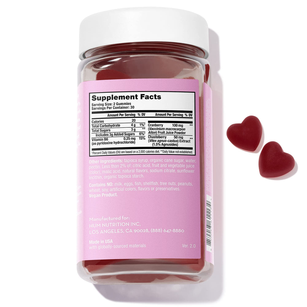 HUM SOS PMS Gummies bottle pour demonstrates easy daily dose routine.
