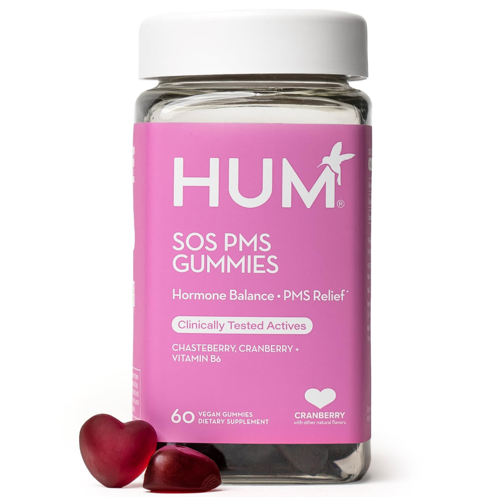 HUM SOS PMS Gummies bottle showcases vegan, gluten-free cycle support for monthly comfort.