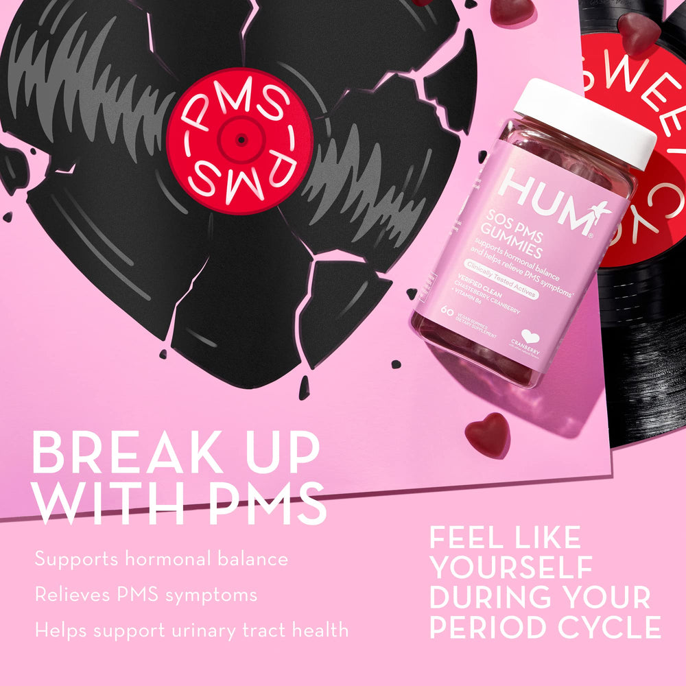 HUM SOS PMS Gummies cranberry visual suggests digestive comfort and cycle support potential.