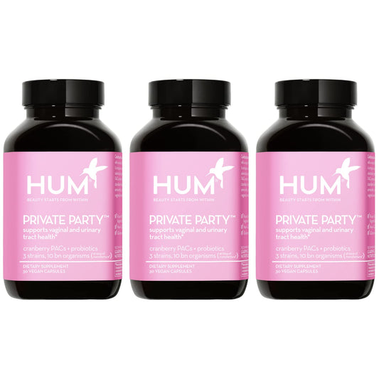 HUM Private Party bottle front promoting vaginal health and pH balance.
