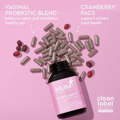 HUM Private Party capsules closeup showing Lactobacillus blend for daily balance.