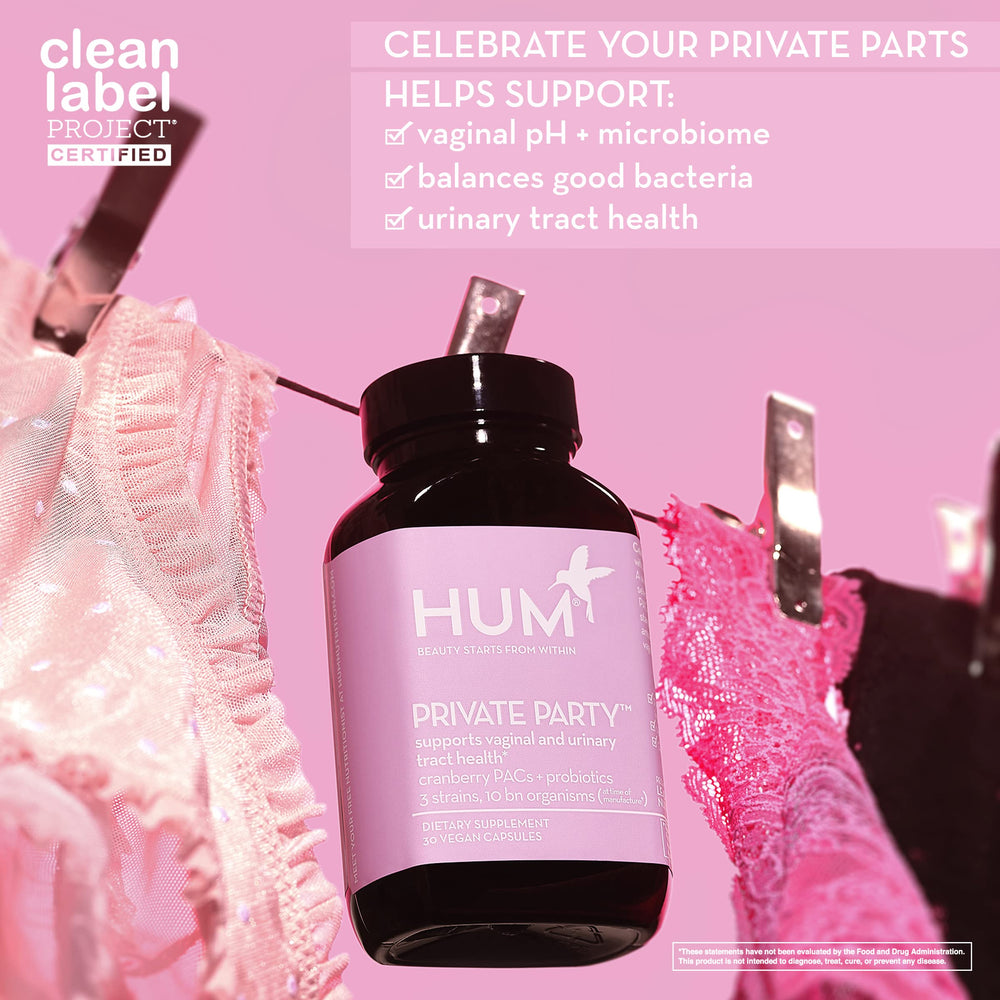 HUM Private Party cranberry PACs highlight urinary support with probiotics.