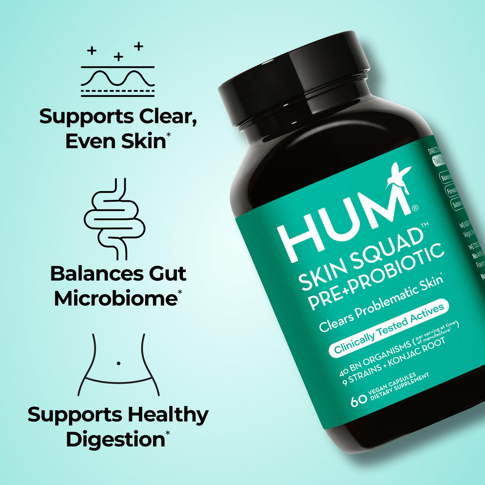 HUM Skin Squad capsules close-up suitable for daily routines.