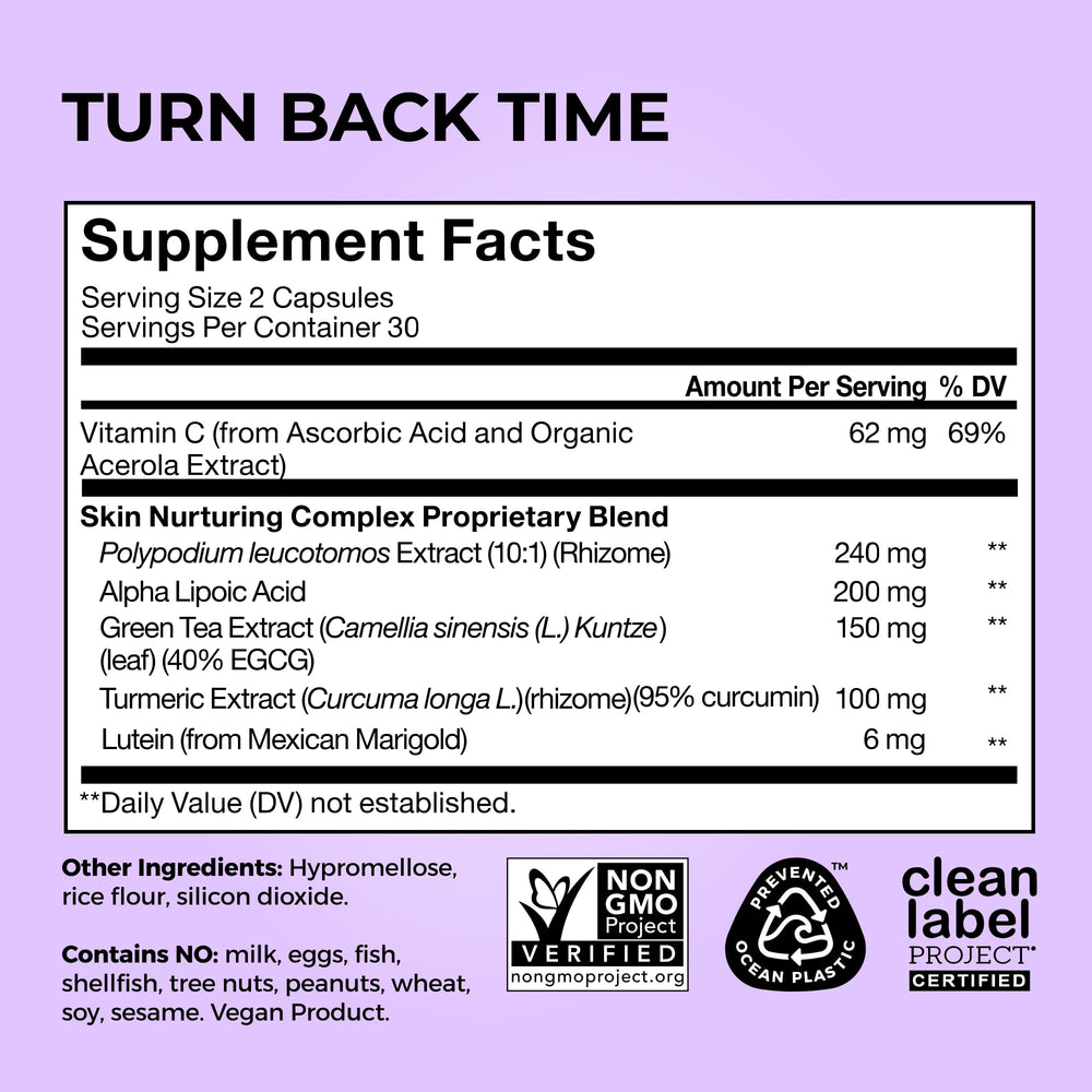 HUM Turn Back Time capsule close-up; vegan capsules for convenient use.