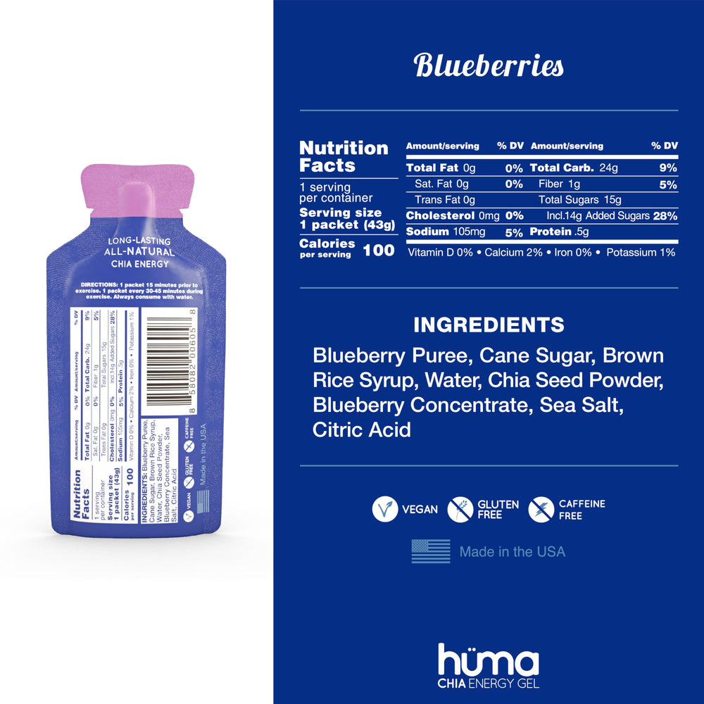 HÜMA CHIA ENERGY GEL with fruit puree ingredients showcased for natural fueling.