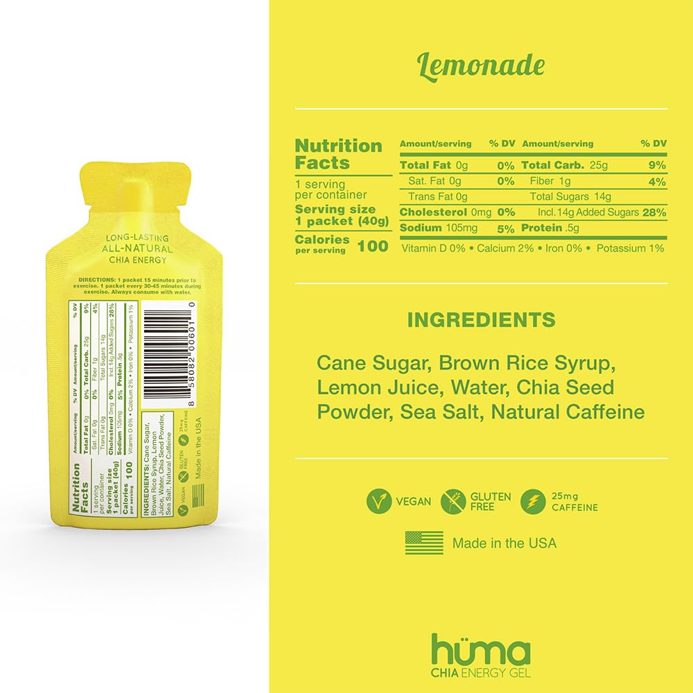 HÜMA Chia Energy Gel Lemonade bottle close-up with natural ingredients.