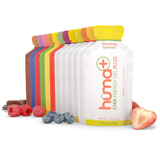 Huma Chia Energy Gel original and Plus lineup showing real-food endurance fueling.
