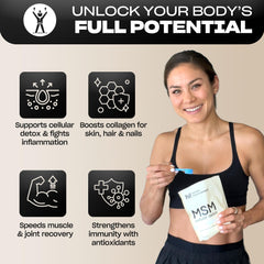 Human Improvement MSM powder packaging close-up; pure sulfur for joint comfort.