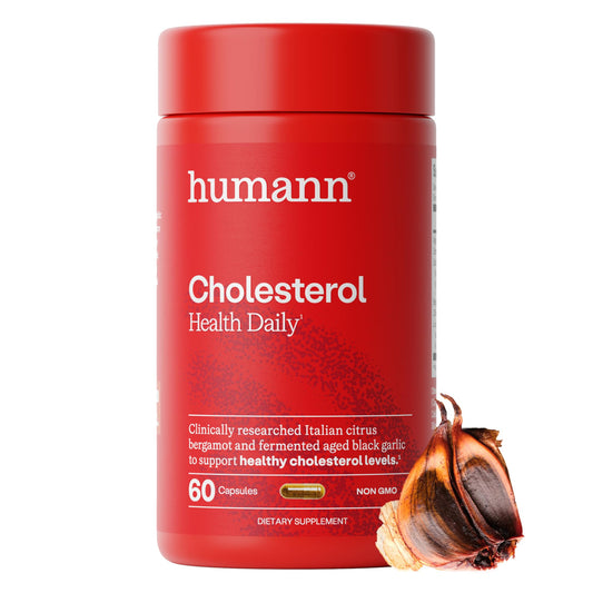Humann Cholesterol Health Daily bottle front showing citrus bergamot and aged black garlic ingredients.