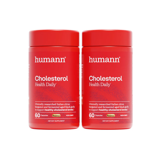 Humann Cholesterol Health Daily bottle shows clear packaging for easy lipid support.
