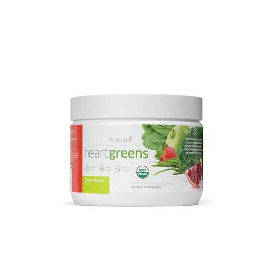 Humann HeartGreens green apple canister for a convenient daily greens boost.