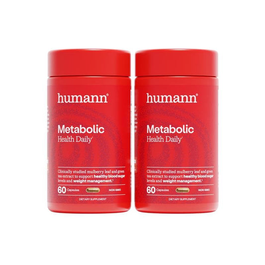 Humann Metabolic Health Daily bottle with a simple two-capsule daily serving.