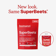 Humann SuperBeets Heart Chews bottle side with heart health labeling.