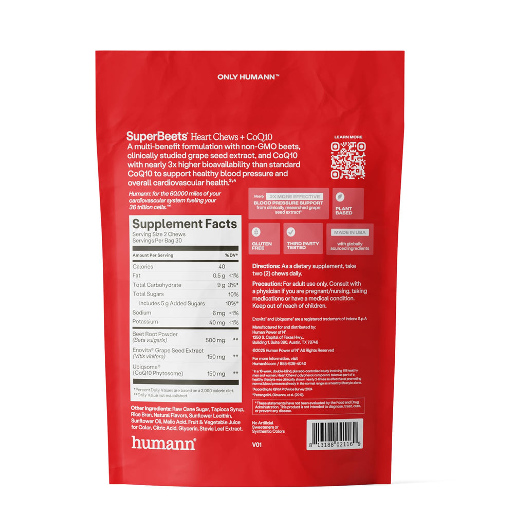 Humann SuperBeets Heart Chews product box with label and serving info.