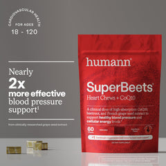 Humann SuperBeets Heart Chews packaging label shows non-GMO beet blend.