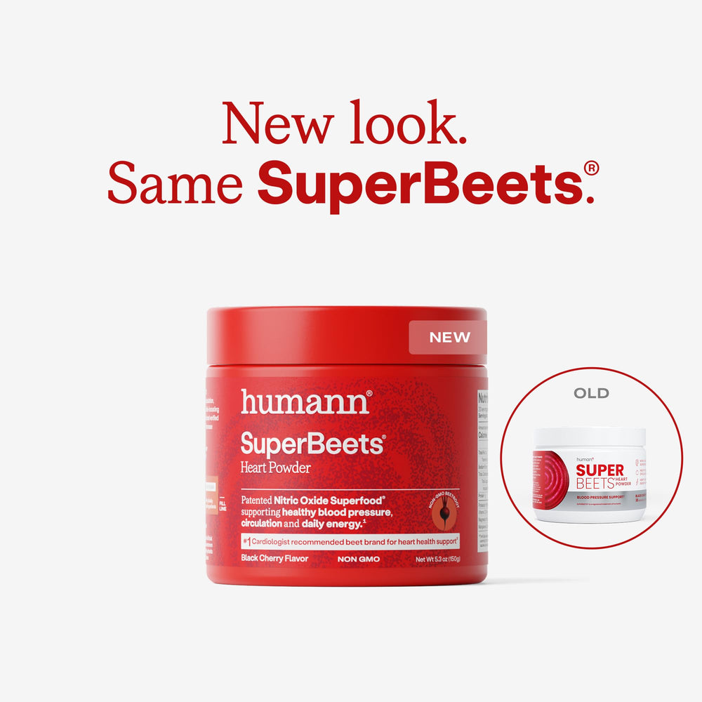 Humann SuperBeets black cherry flavor bottle with pour to energize.