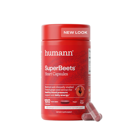 Humann SuperBeets bottle front with capsules for easy daily use.