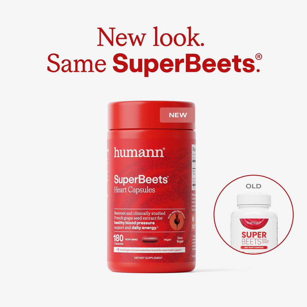 Humann SuperBeets bottle side panel shows non-GMO beetroot ingredients.