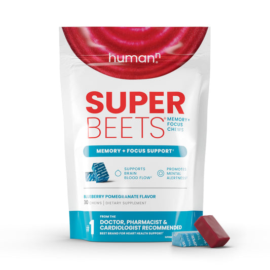 Humann SuperBeets Brain Chews packaging shown for convenient daily support.