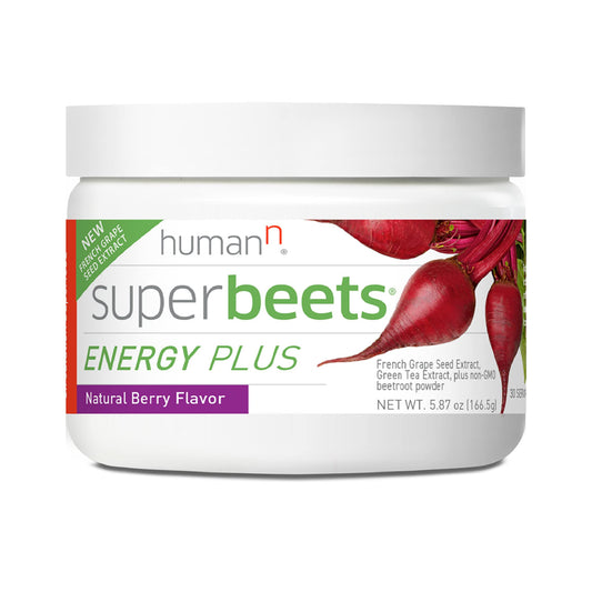 Humann SuperBeets Energy Plus bottle with ingredients highlighting the heart-friendly blend.