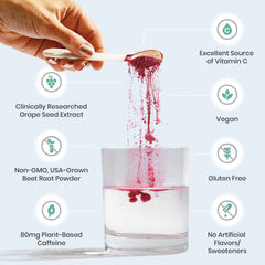 Humann SuperBeets Energy Plus stirring berry powder into a glass of water.