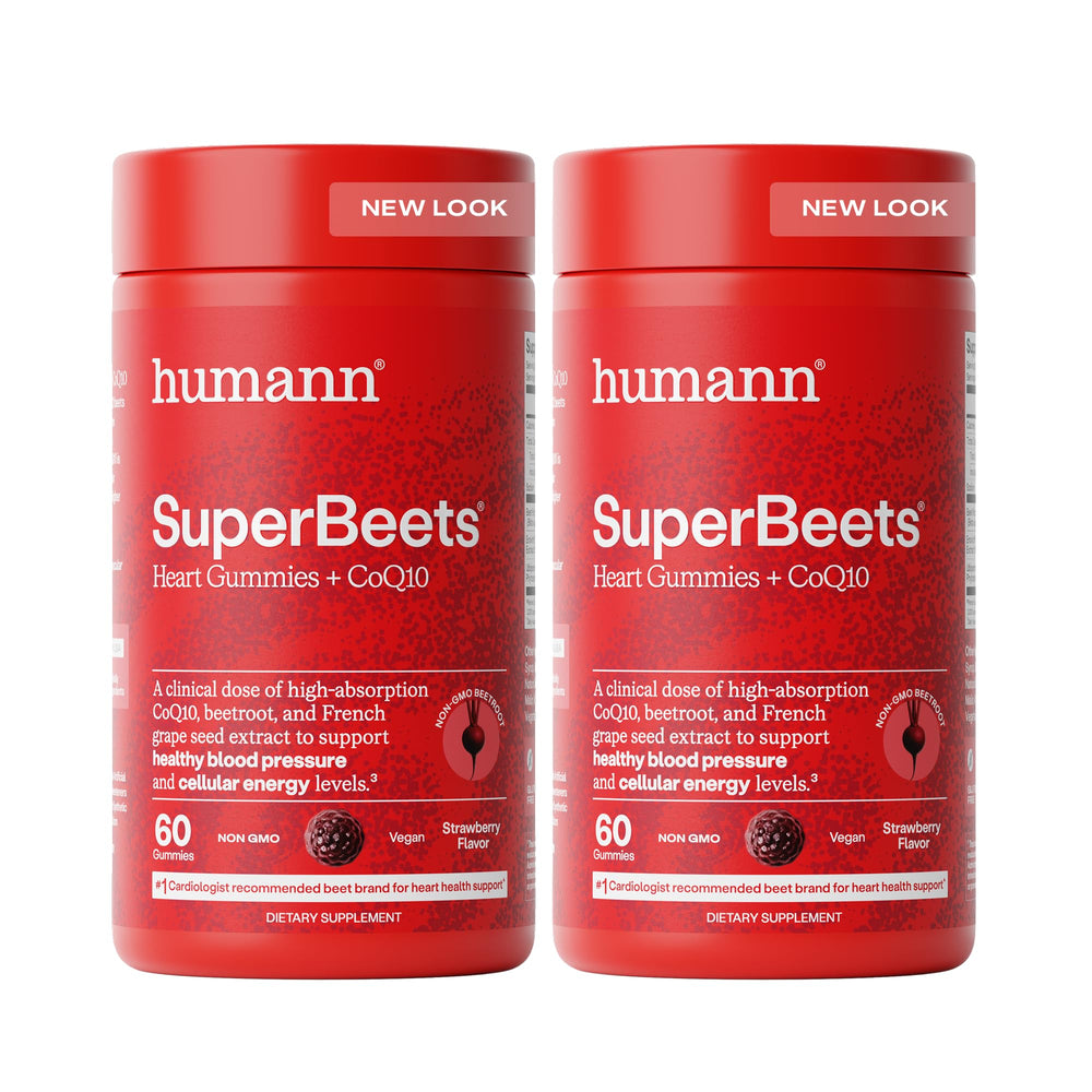 Humann SuperBeets Heart Gummies bottle front view, strawberry flavor, and clear label.