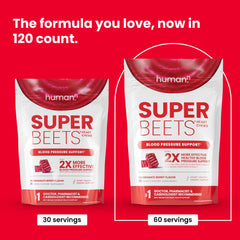 Humann SuperBeets Heart Chews bottle back with ingredients and details.