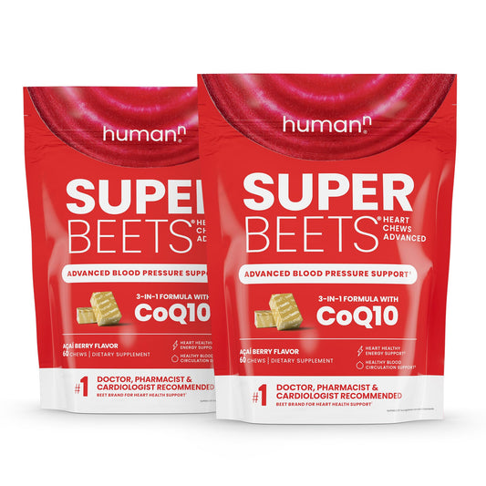 Humann SuperBeets Heart Chews bottle front highlighting beetroot and CoQ10 for daily energy support
