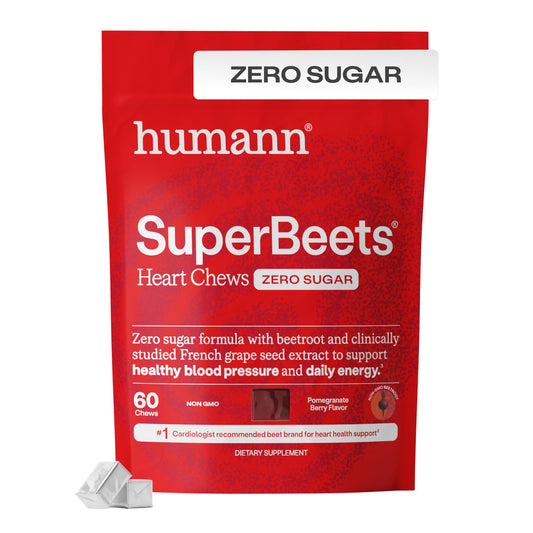 Humann SuperBeets Heart Chews bottle featuring grape seed extract for circulation support.