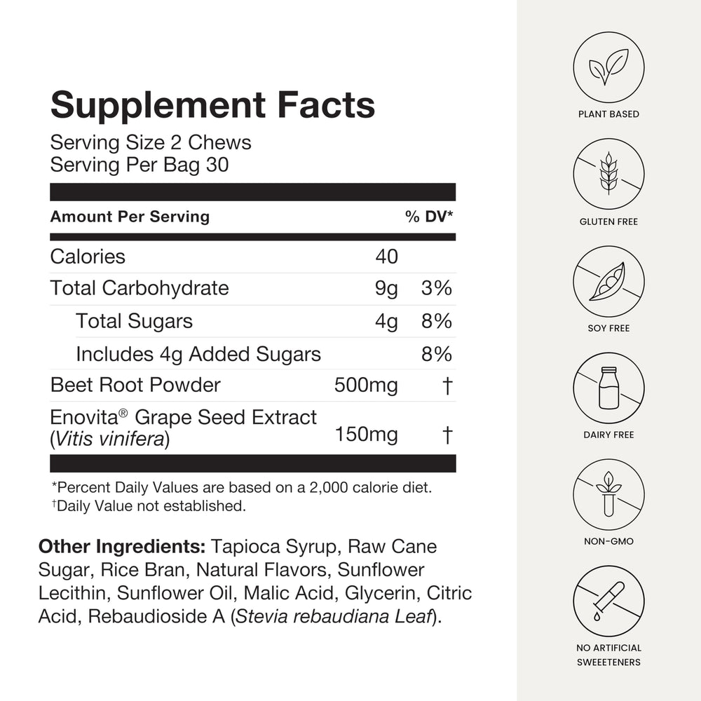 Humann SuperBeets Heart Chews label highlighting pomegranate berry flavor.