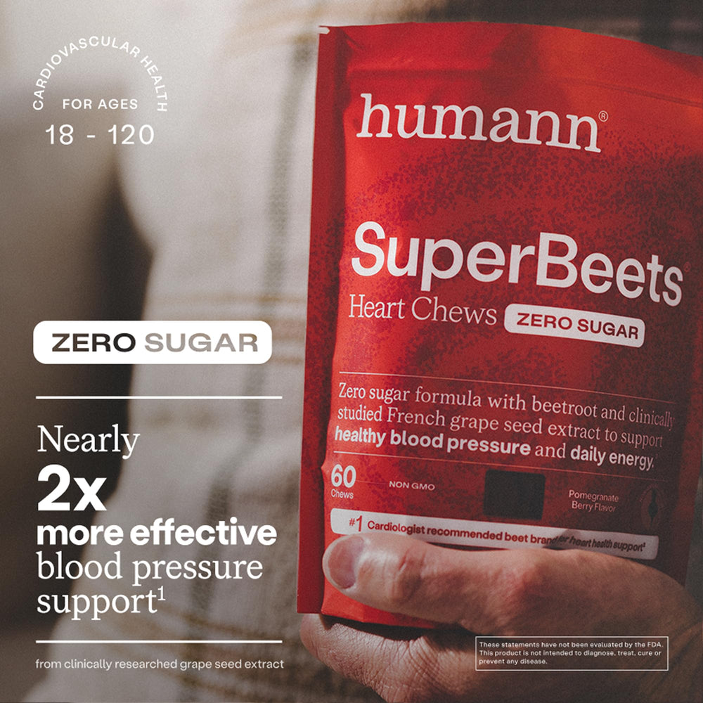 Humann SuperBeets Heart Chews with pomegranate berry flavor for daily energy.