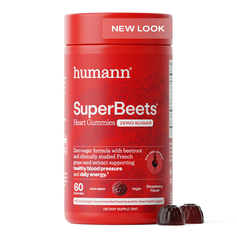 Humann SuperBeets Heart Gummies bottle front highlights sugar-free energy support