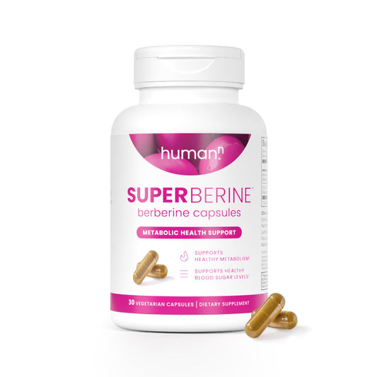 Humann SuperBerine bottle front showing high-absorbency berberine formula for daily metabolic support.