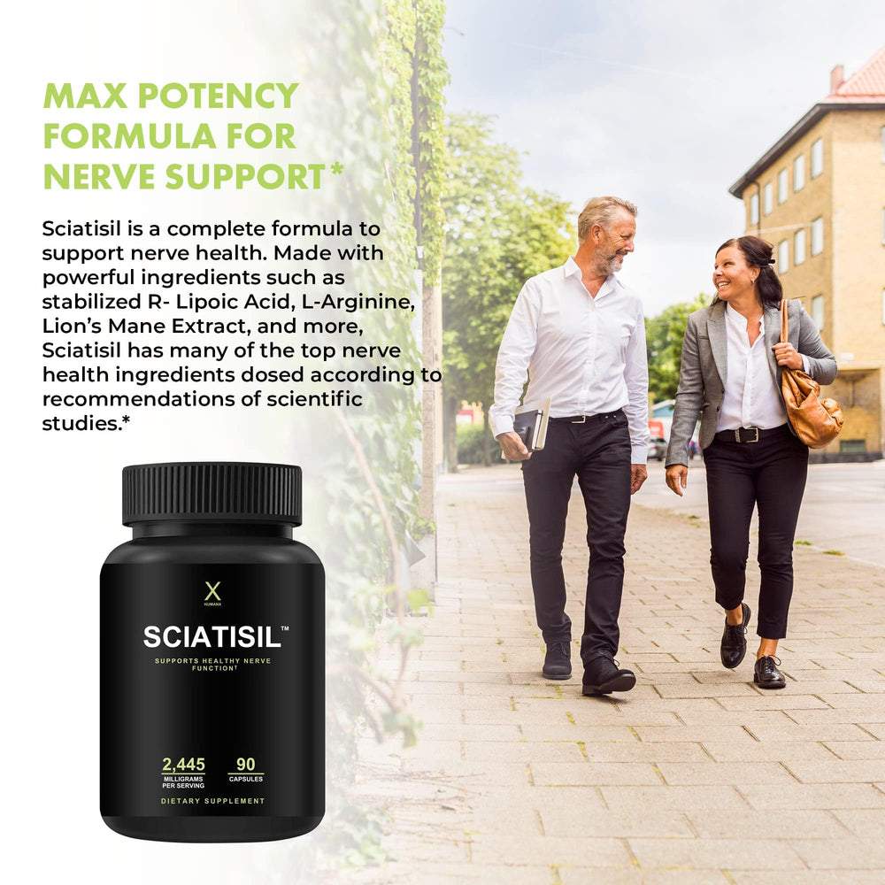 HUMANX Sciatisil packaging highlights stabilized R-Lipoic Acid and key nutrients