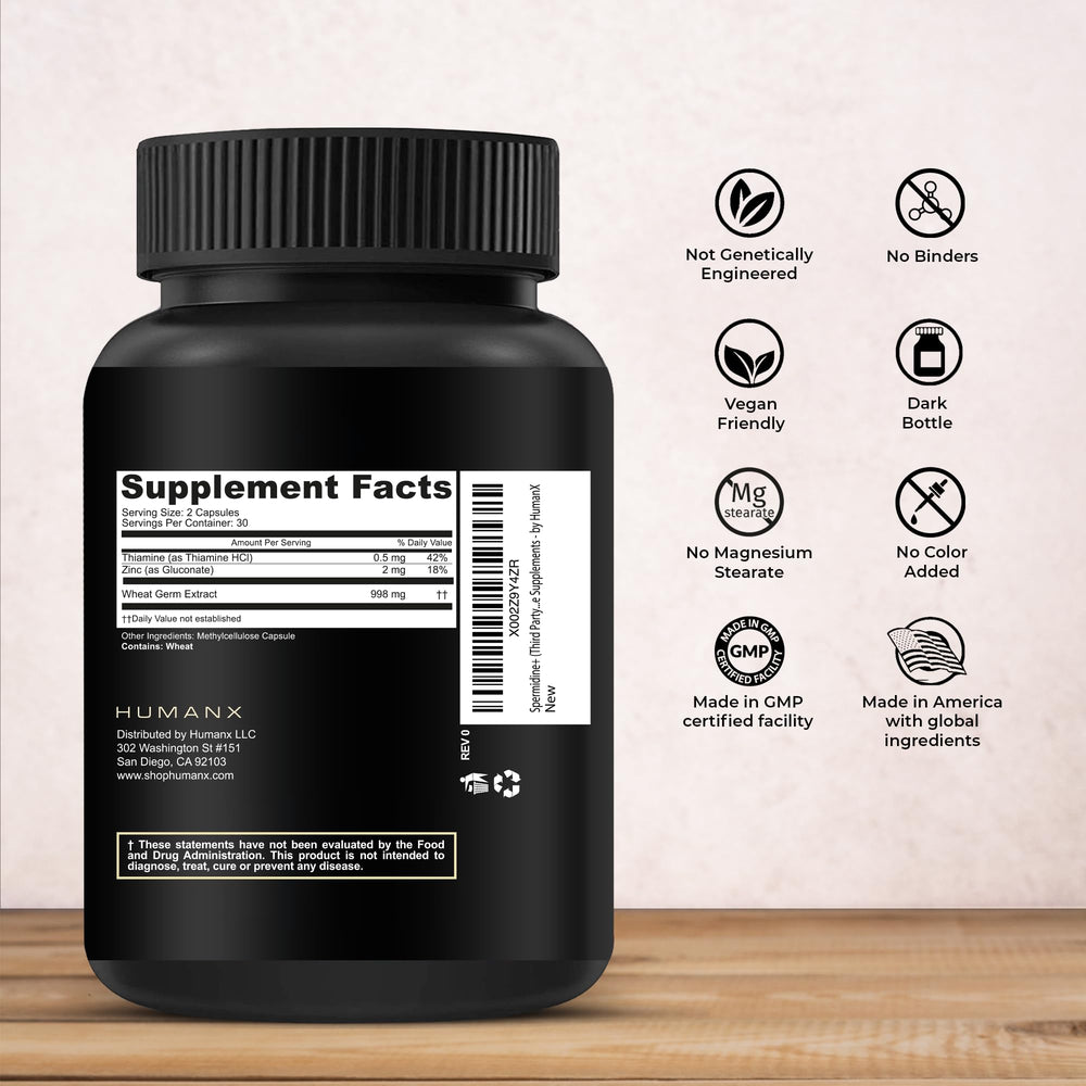HumanX Spermidine+ capsules closeup for easy daily intake.