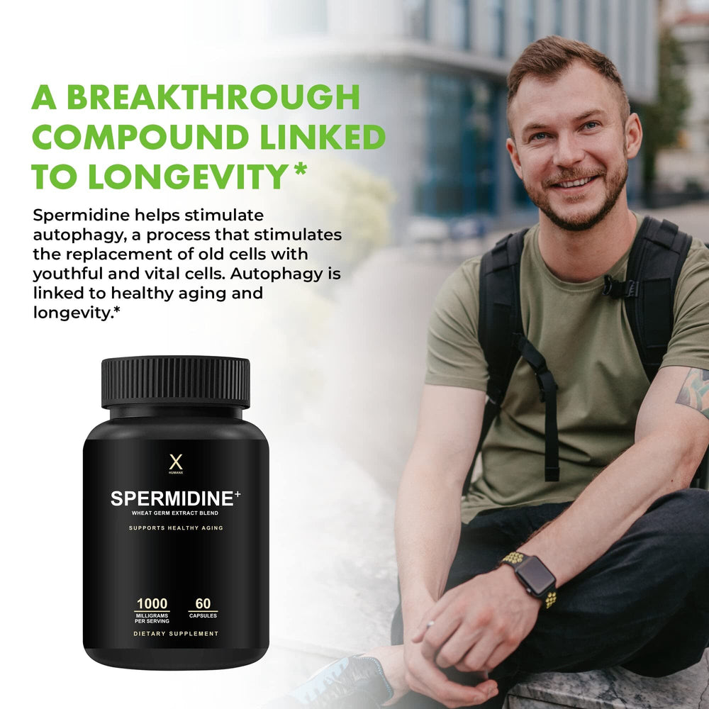 HumanX Spermidine+ wheat germ extract powder highlighting premium autophagy-support source.