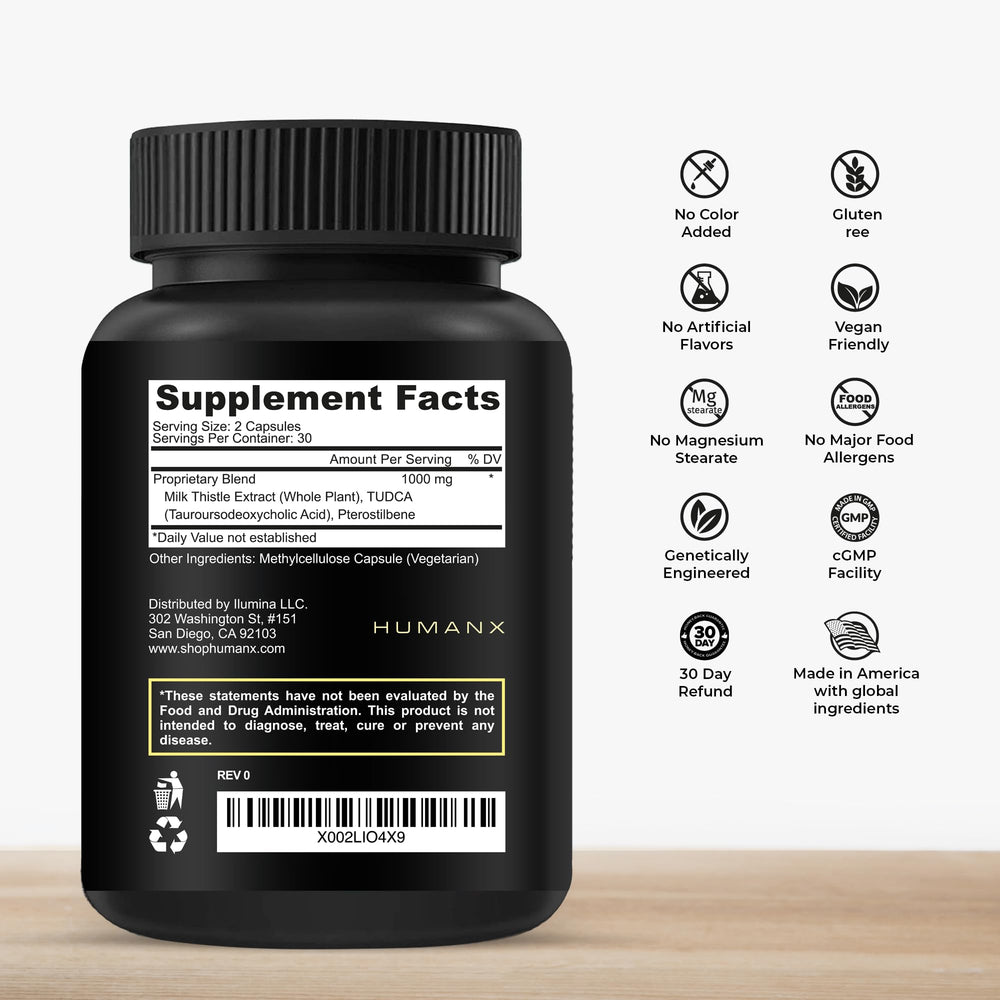 Closeup of HumanX Tudca+ capsules highlighting a high-potency formula for liver health.