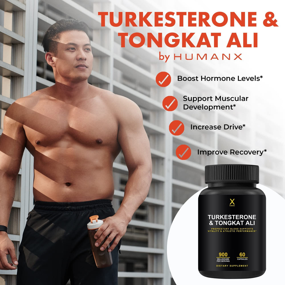 HUMANX Turkesterone & Tongkat Ali 900mg label detail showing purity and potency.