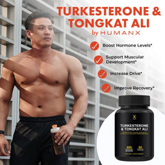 HUMANX Turkesterone & Tongkat Ali 900mg label detail showing purity and potency.