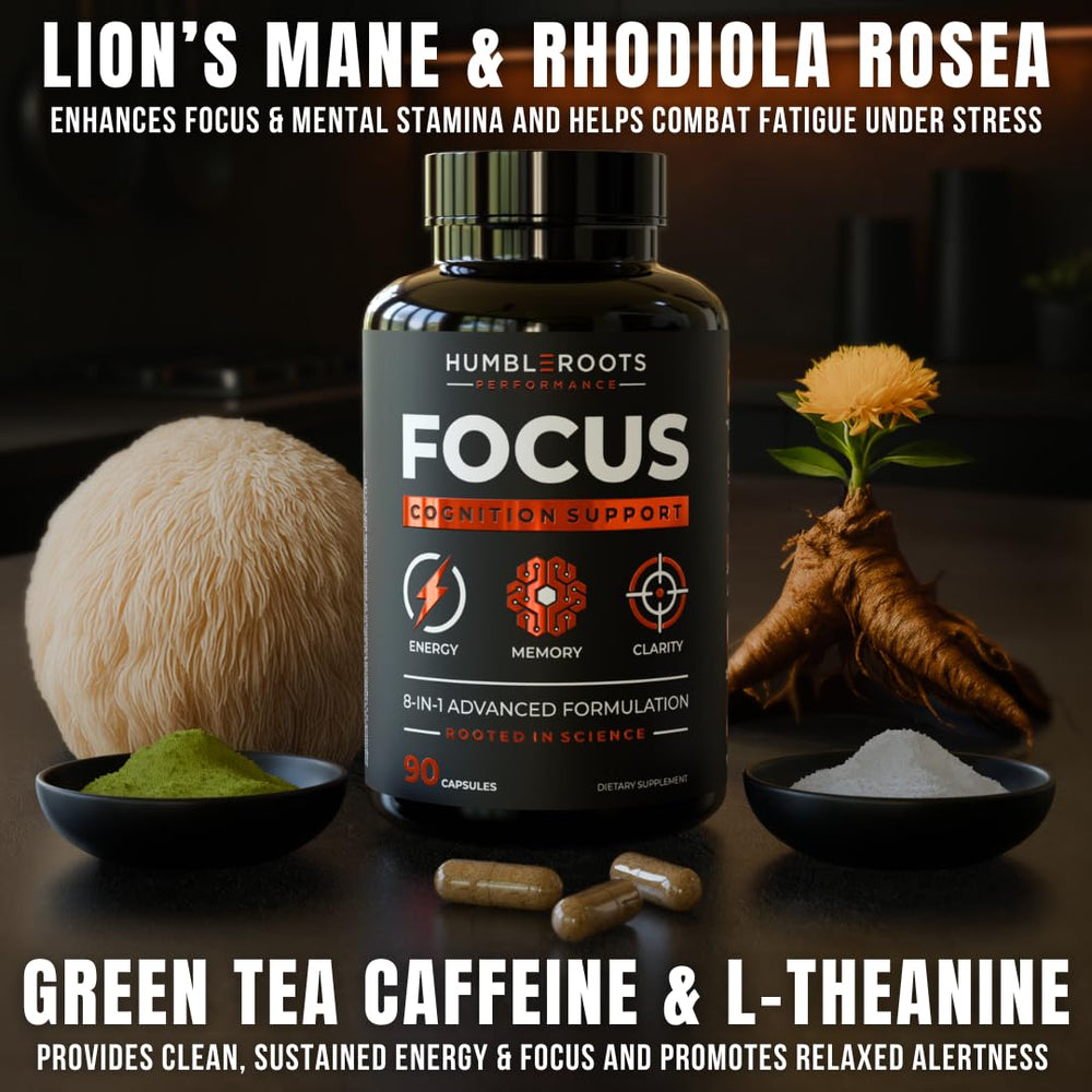 HUMBLEROOTS FOCUS capsules close-up highlighting natural nootropics for focus