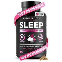 Humbleroots Performance Sleep bottle closeup supports a calm evening routine.