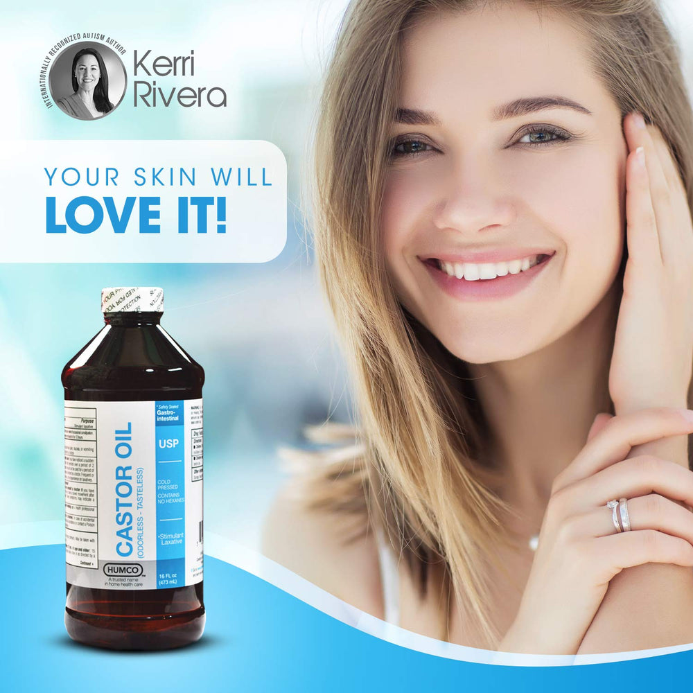 Humco Castor Oil top cap close-up emphasizes tasteless, odorless formula for gentle use.
