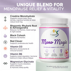 Hummingbird Purity Meno Magic daily-serve scoop beside glass for refreshing menopause routine
