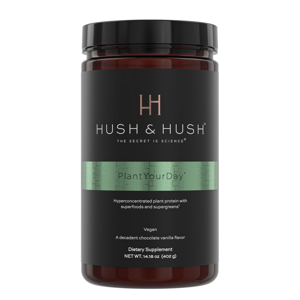 Hush & Hush PlantYourDay bottle pouring for daily greens boost.