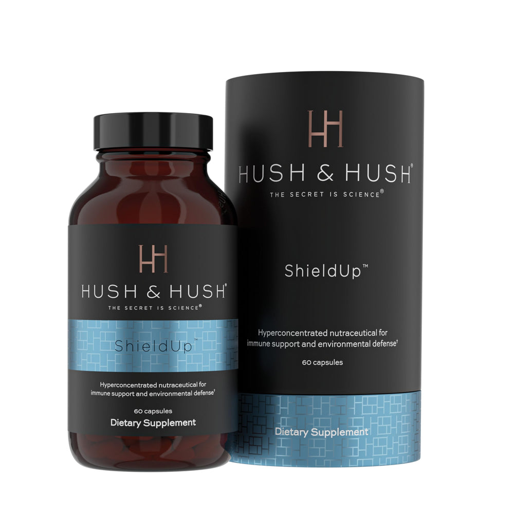 Hush & Hush ShieldUp bottle front with capsules for daily immune support.