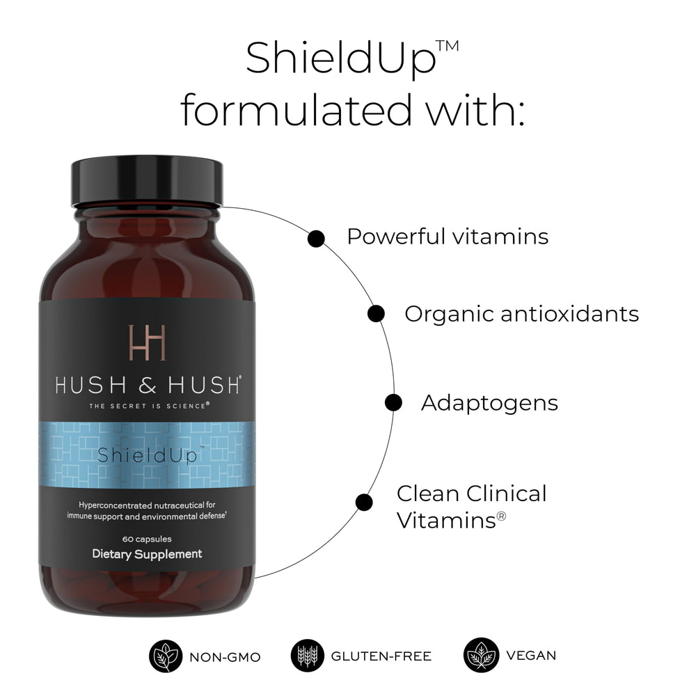 Hush & Hush ShieldUp capsules close-up highlighting vegan formula for daily wellness.