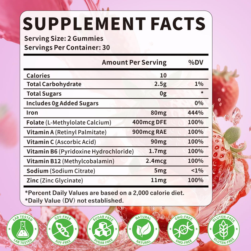 HUUAYAO Iron Gummies close-up of label highlighting strawberry flavor.