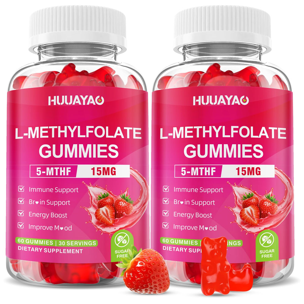 HUUAYAO L-Methylfolate gummies bottle with strawberry flavor supports daily mood and energy