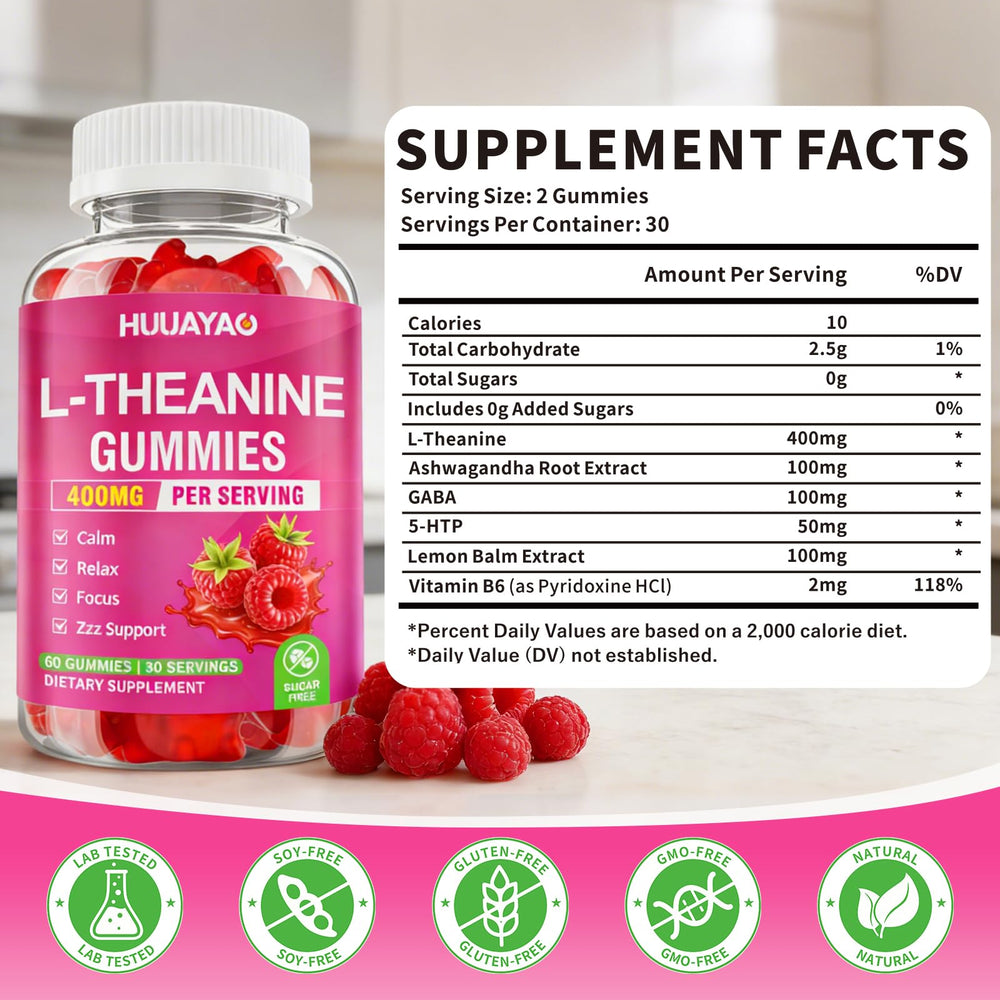 HUUAYAO L-Theanine Gummies texture closeup shows soft, easy-to-chew gummies.
