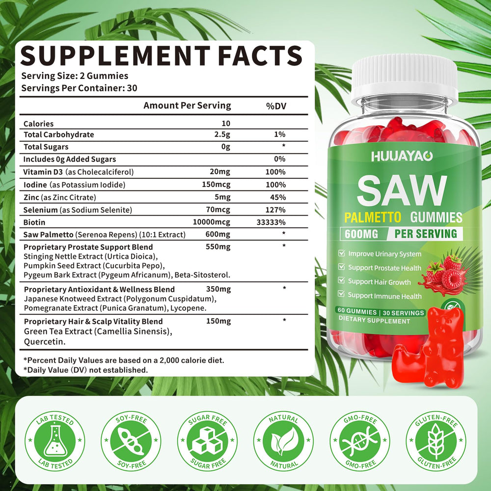 HUUAYAO Saw Palmetto Gummies raspberry flavor pack for tasty daily intake.